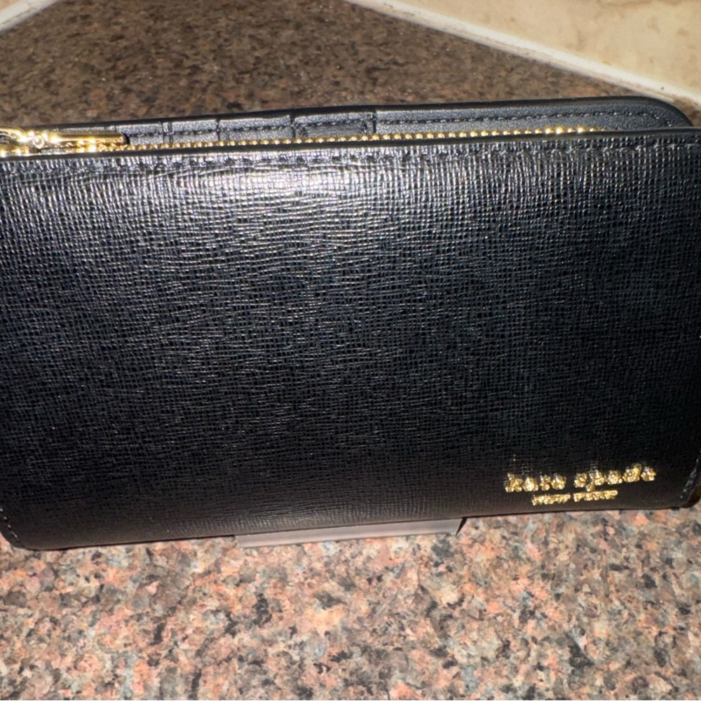 kate spade Black Saffiano Leather Zip Wallet with Gold Hardware